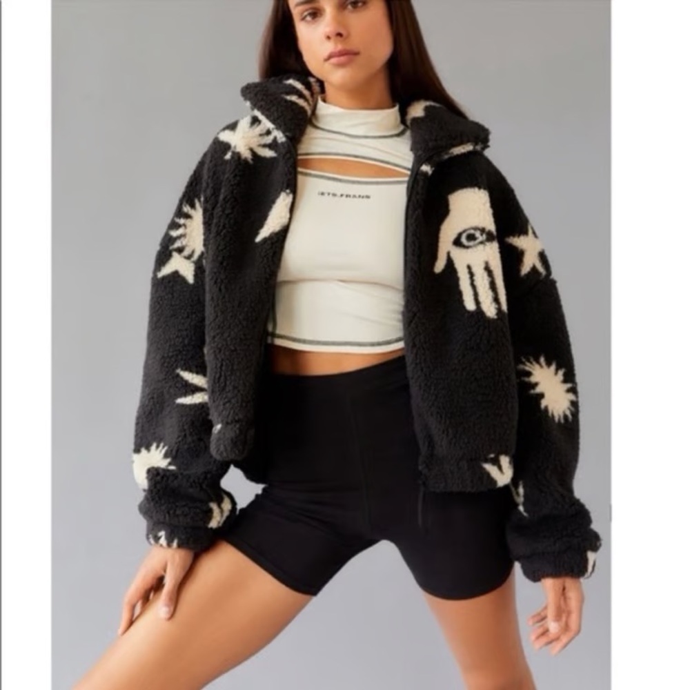 Urban Outfitters Black and Cream Graphic Teddy Jacket